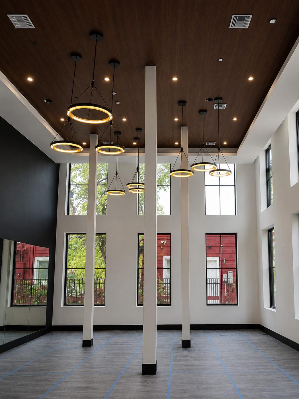 New-build room with a dark wood-look ceiling
