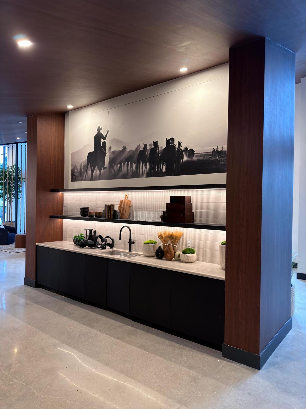 Display wall with wood-look frame