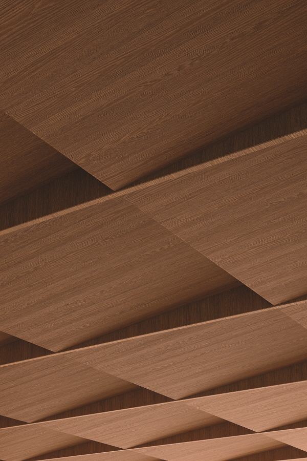 Ceiling baffles in wood-look film