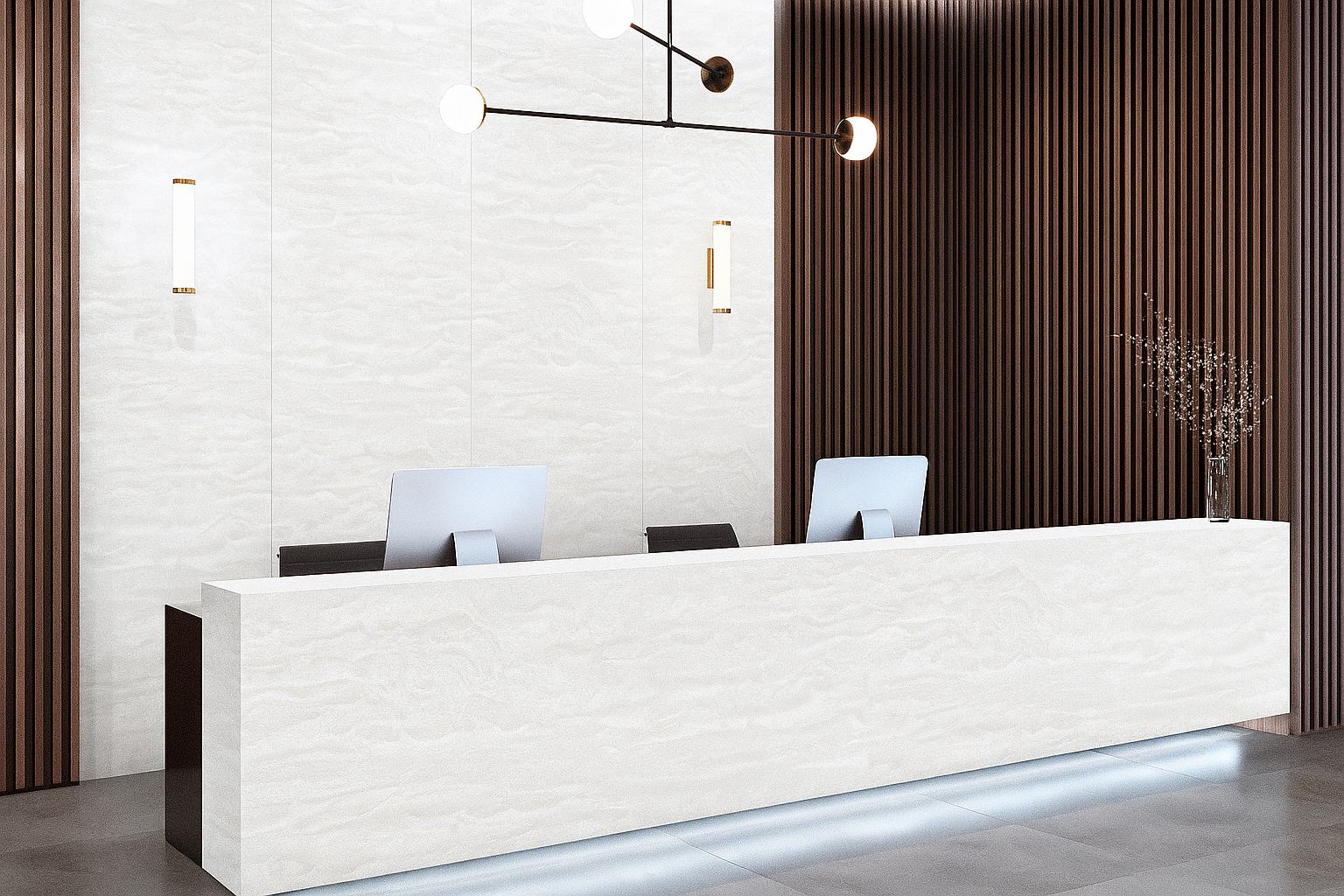 Reception desk in marble-look film with wood slat wall