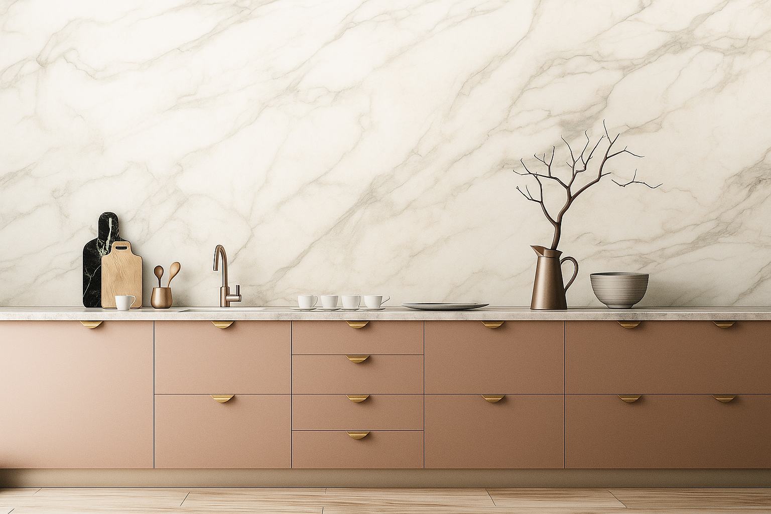 Kitchen with a marble-look backsplash wall