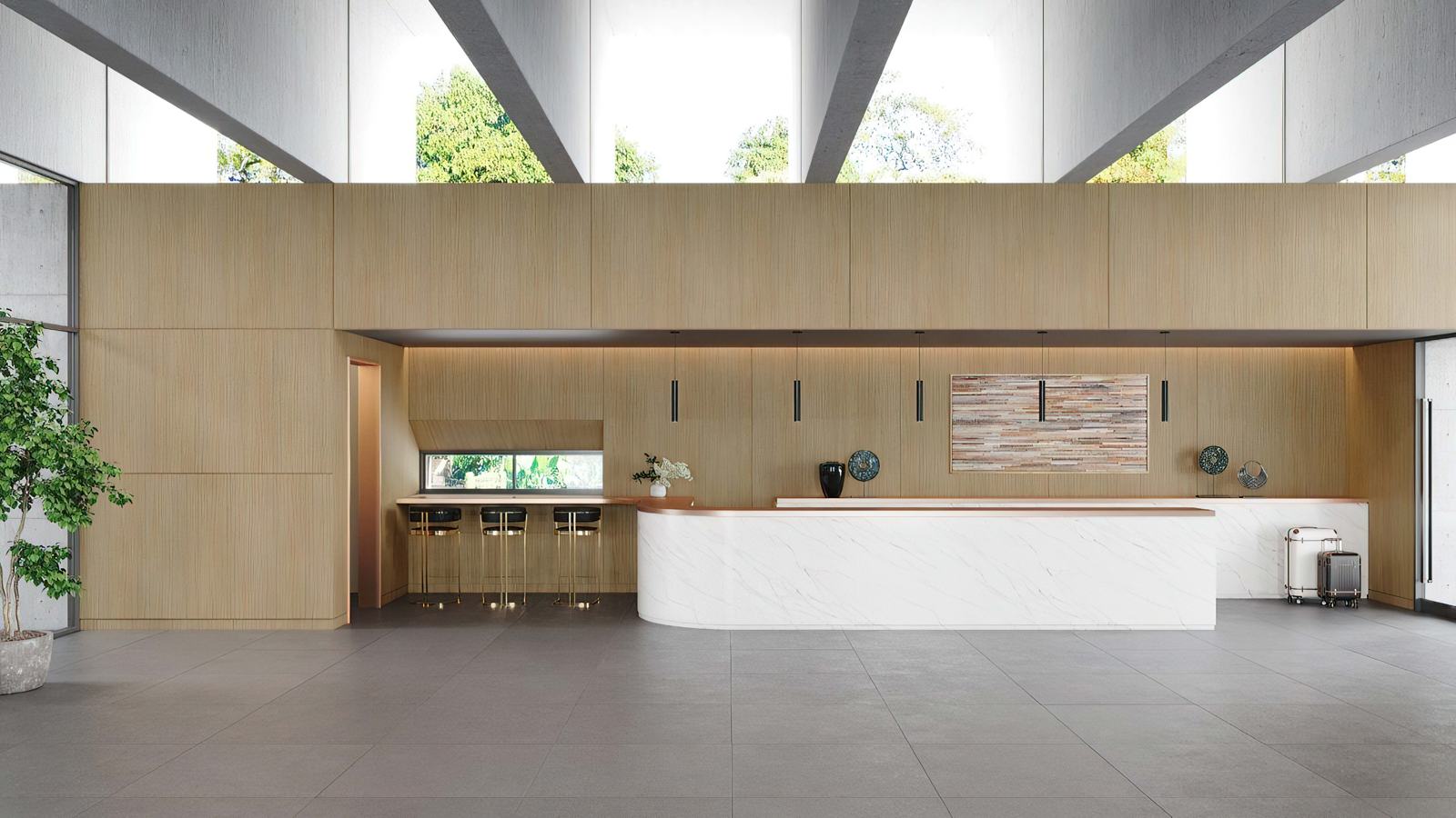 Large reception space with wood-look walls and a stone-look desk